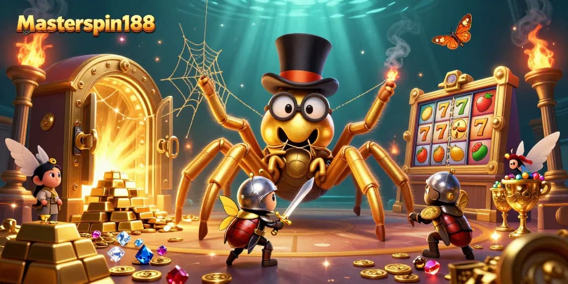 Experience the excitement of masterspin188 with a golden tarantula and beetle knight in a vibrant casino scene.