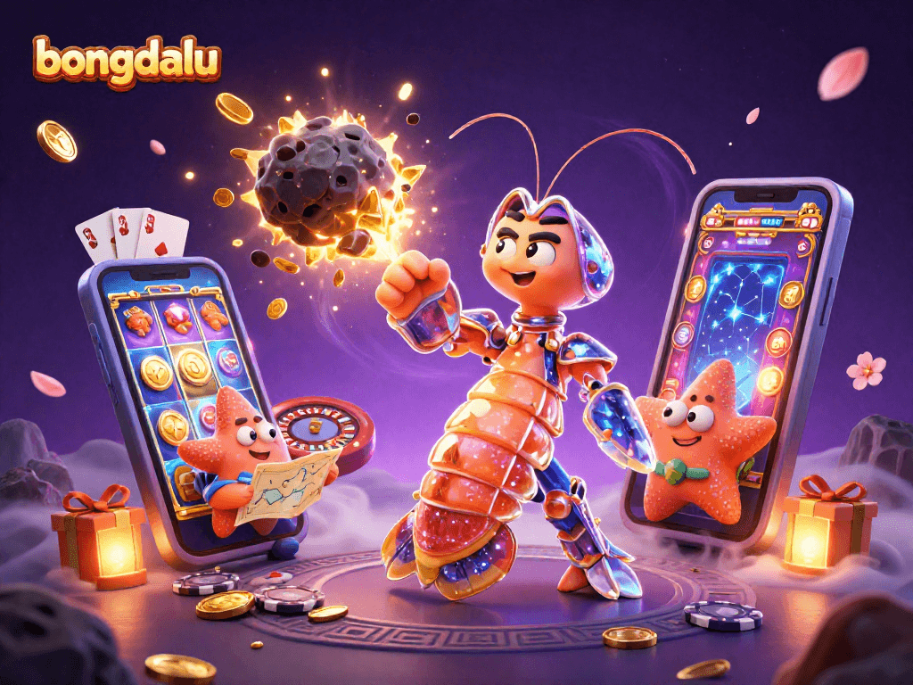 Bongdalu offers an immersive gaming experience with golden coins erupting amid cartoon characters in a vibrant casino scene.