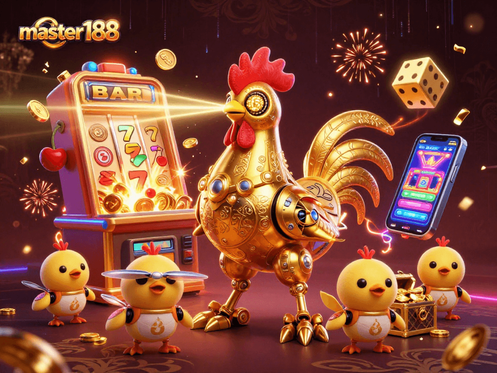 master188 showcases a vibrant casino scene with a golden rooster robot and vibrant slot machines.