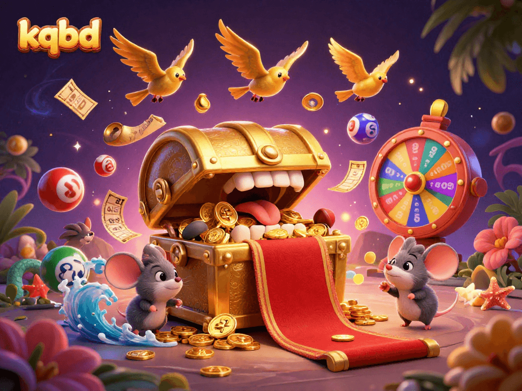 Exciting kqbd scene with dynamic lottery action, treasure chest, and golden details, perfect for gambling enthusiasts.