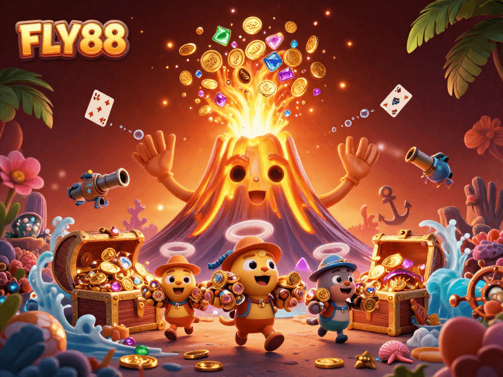 FLY88 offers an adventurous gaming experience with treasure-filled elements in a vibrant casino scene.