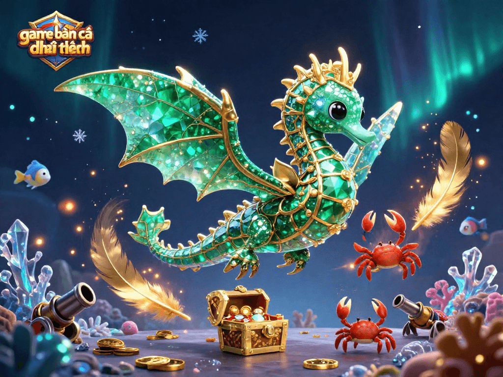 A vibrant scene showcasing game bắn cá đổi thưởng with a sea dragon, royal seahorses, treasure chest, and dynamic elements