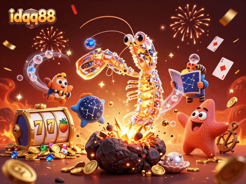 Spin to win with idqq88 as vibrant mantis shrimp bursts gems and coins amidst exciting casino elements.